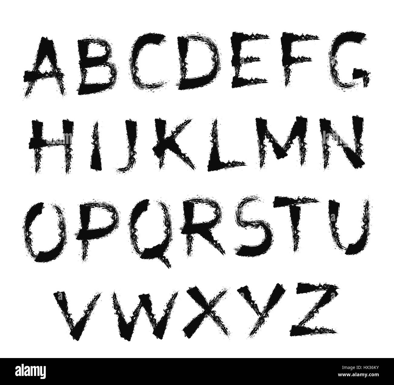 Painted Abc. Handwritten font. Grungy design regular letters. Sans serif alphabet. Distress texture. Brush strokes. Grunge torn edges style. Paintbrus Stock Vector