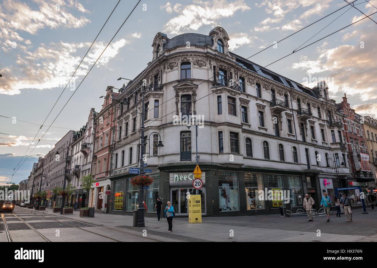 Old tenement house on 3 Maja Street (3rd of May Street) in downtown of Katowice city, the center of the Silesian Metropolis in southwestern Poland Stock Photo