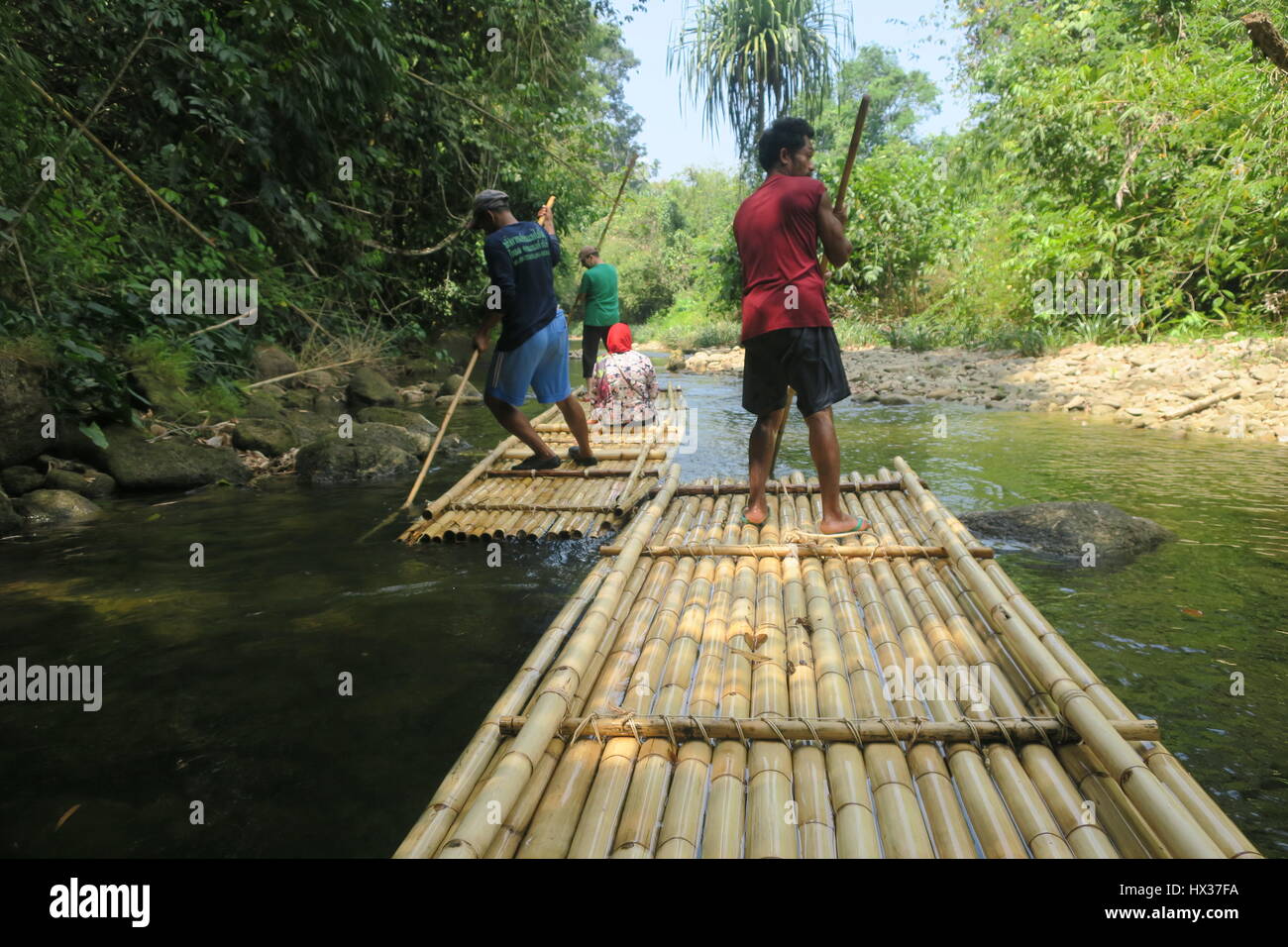 Man, standing on bamboo raft, with bamboo stick in his hand is floating ...
