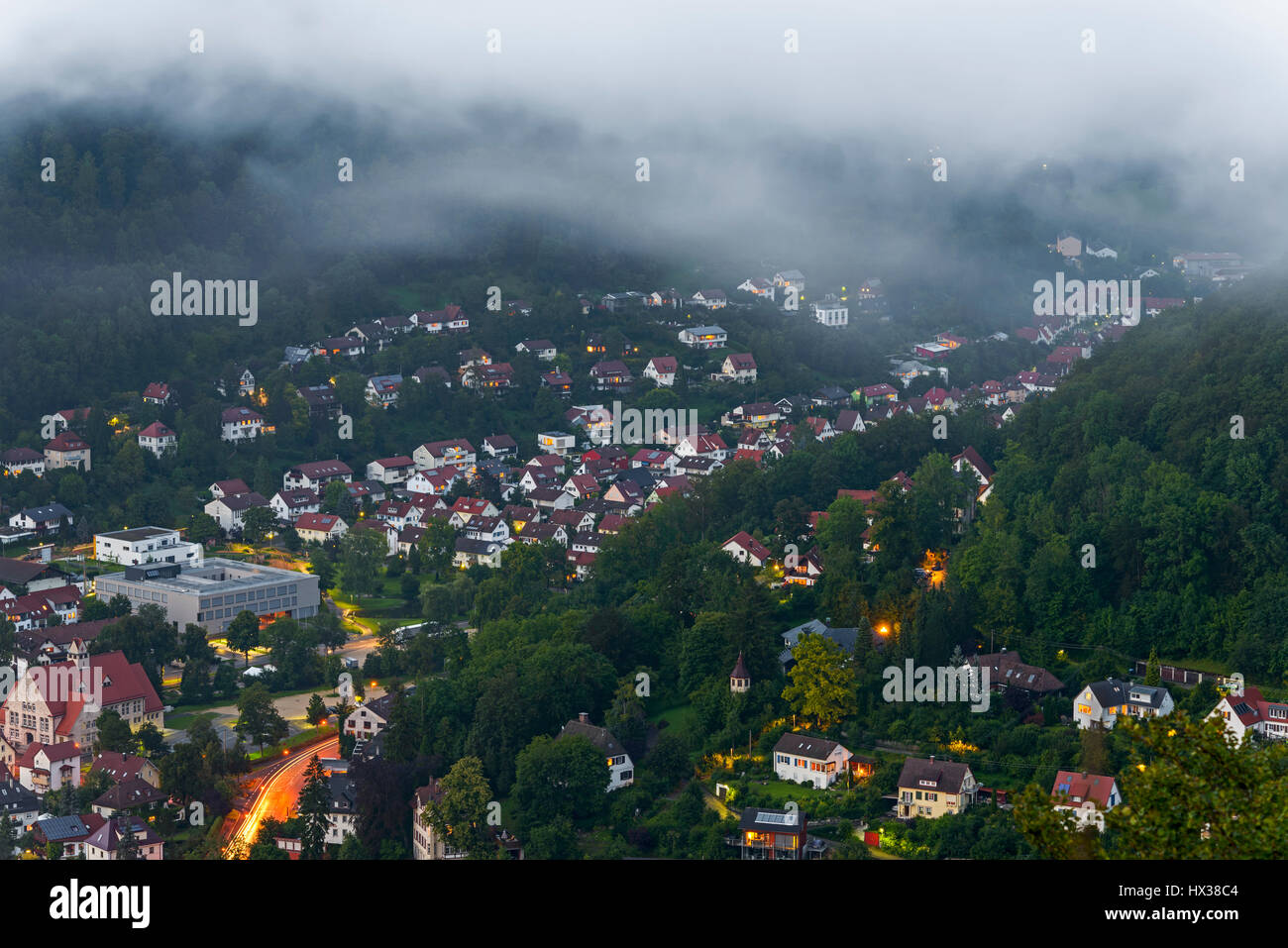 Fog over Bad Urach Swabian Alb. View on the city. Baden Wurttemberg, Germany Stock Photo