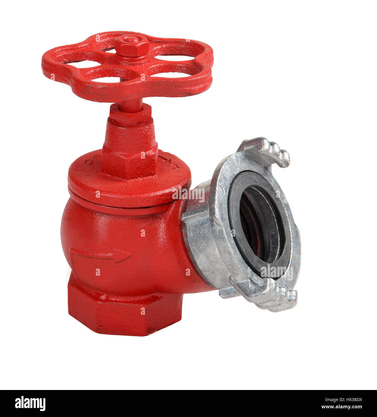 Red iron valve oblique fire hydrant with aluminum coupling for quick  connection of a fire hose, Isolated on white background, saved path contour  selec Stock Photo - Alamy