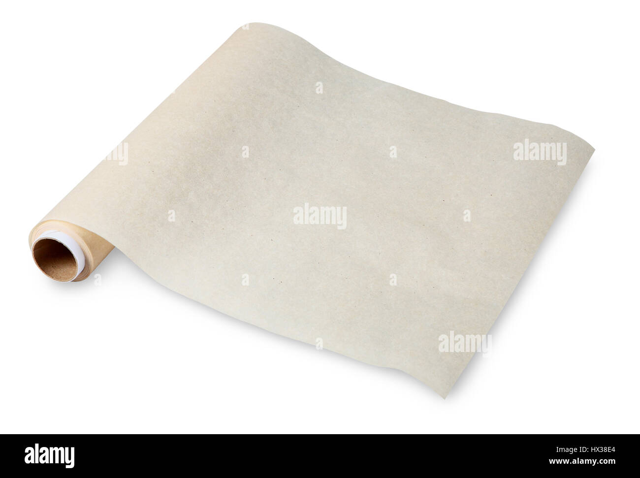 Baking paper, parchment food, is used for cooking and food storage. Thin paper made from pulp mill greasy. No body. The isolated image on a white back Stock Photo