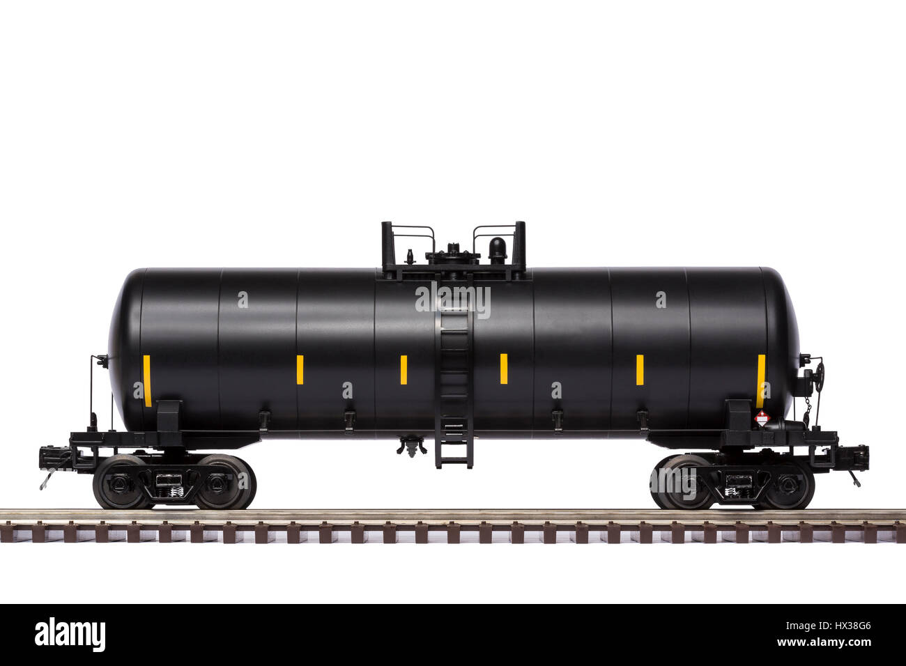 Railroad Tank Car - A black railway oil tank car on railroad track. Stock Photo