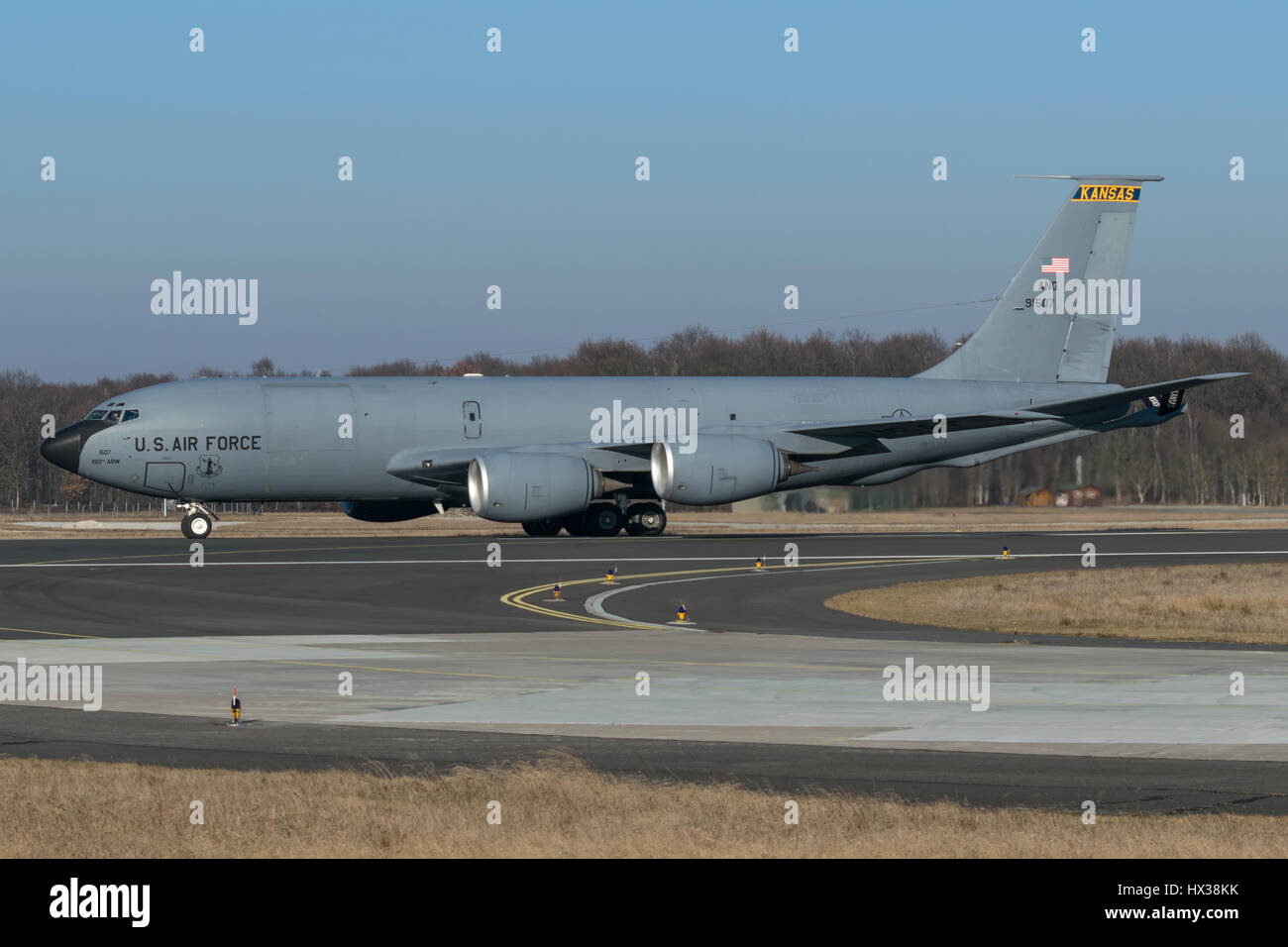A KC135 of the United States Air Force backtracking for take-off at Geilenkirchen. Stock Photo