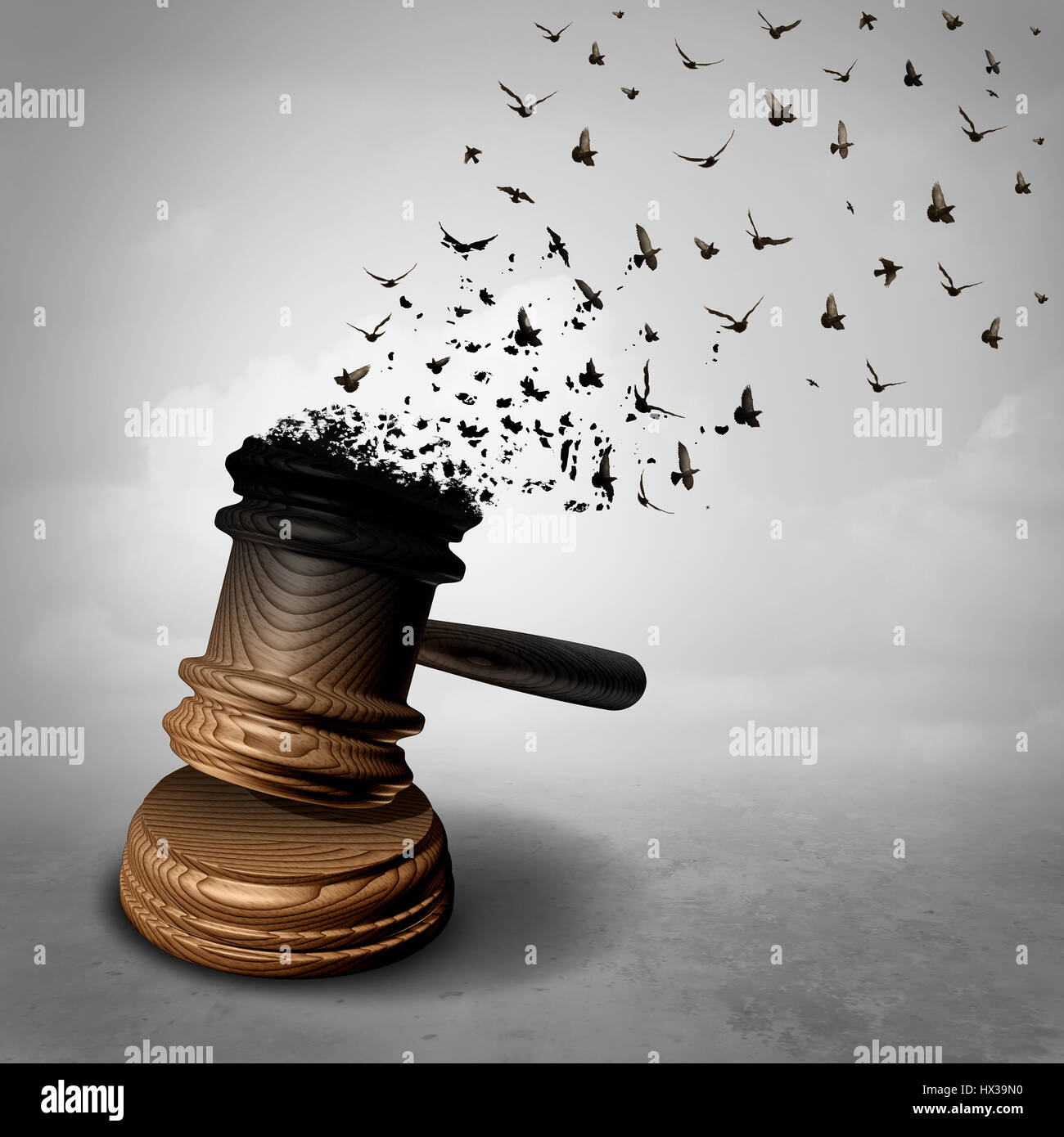 Amnesty concept and law decline or symbol for a legal pardon as a judge gavel or mallet being transformed into free flying birds. Stock Photo