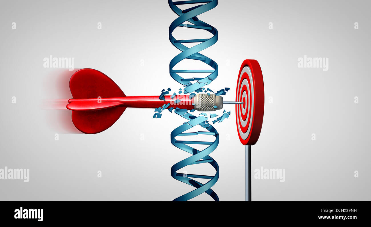 Genetic breakthrough and medical gene therapy treatment discovery concept as a dart hitting a target by breaking a double helix. Stock Photo