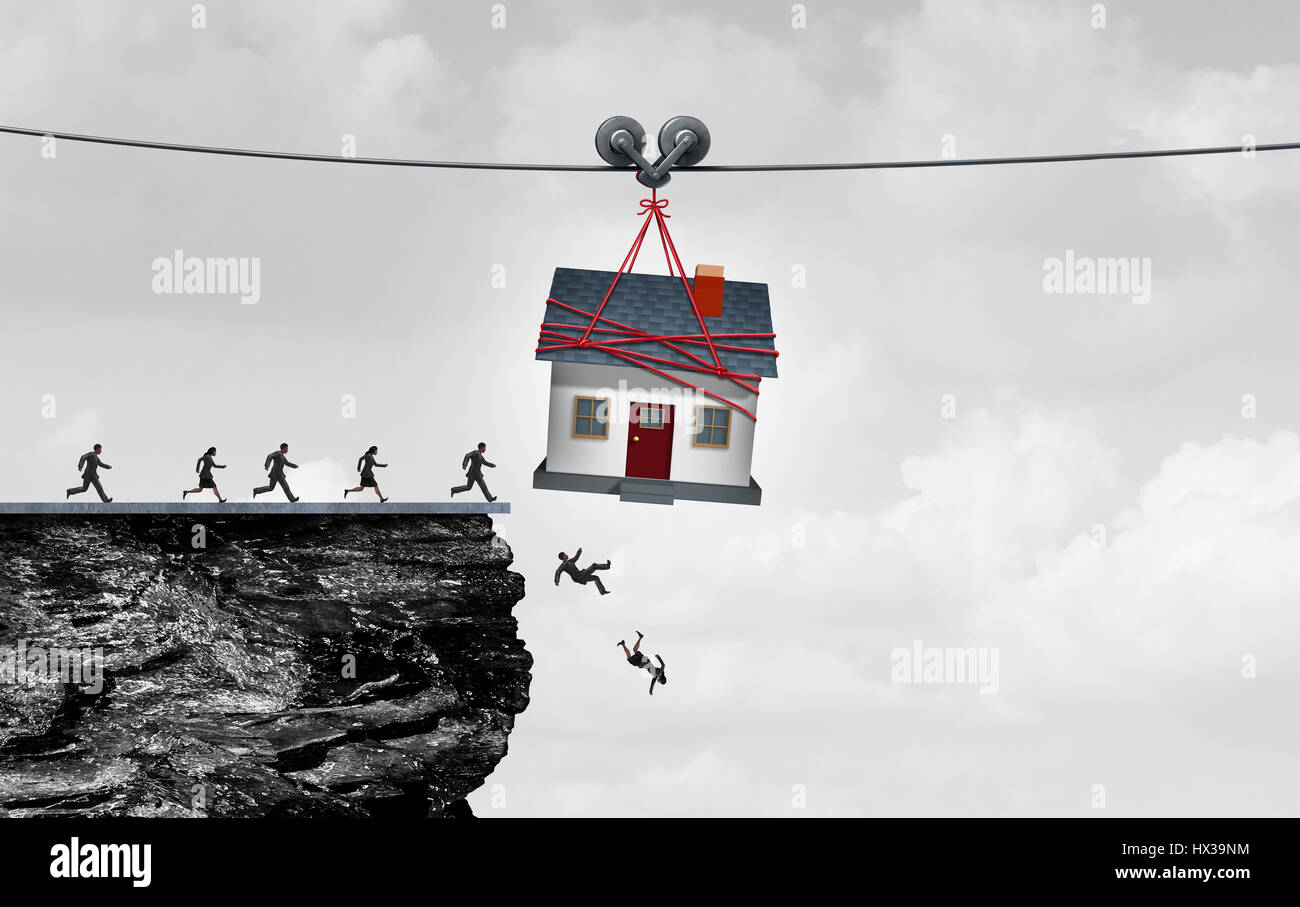 Real estate trap and housing danger or the risk of owning a home concept as people being lead off a cliff by a family house. Stock Photo