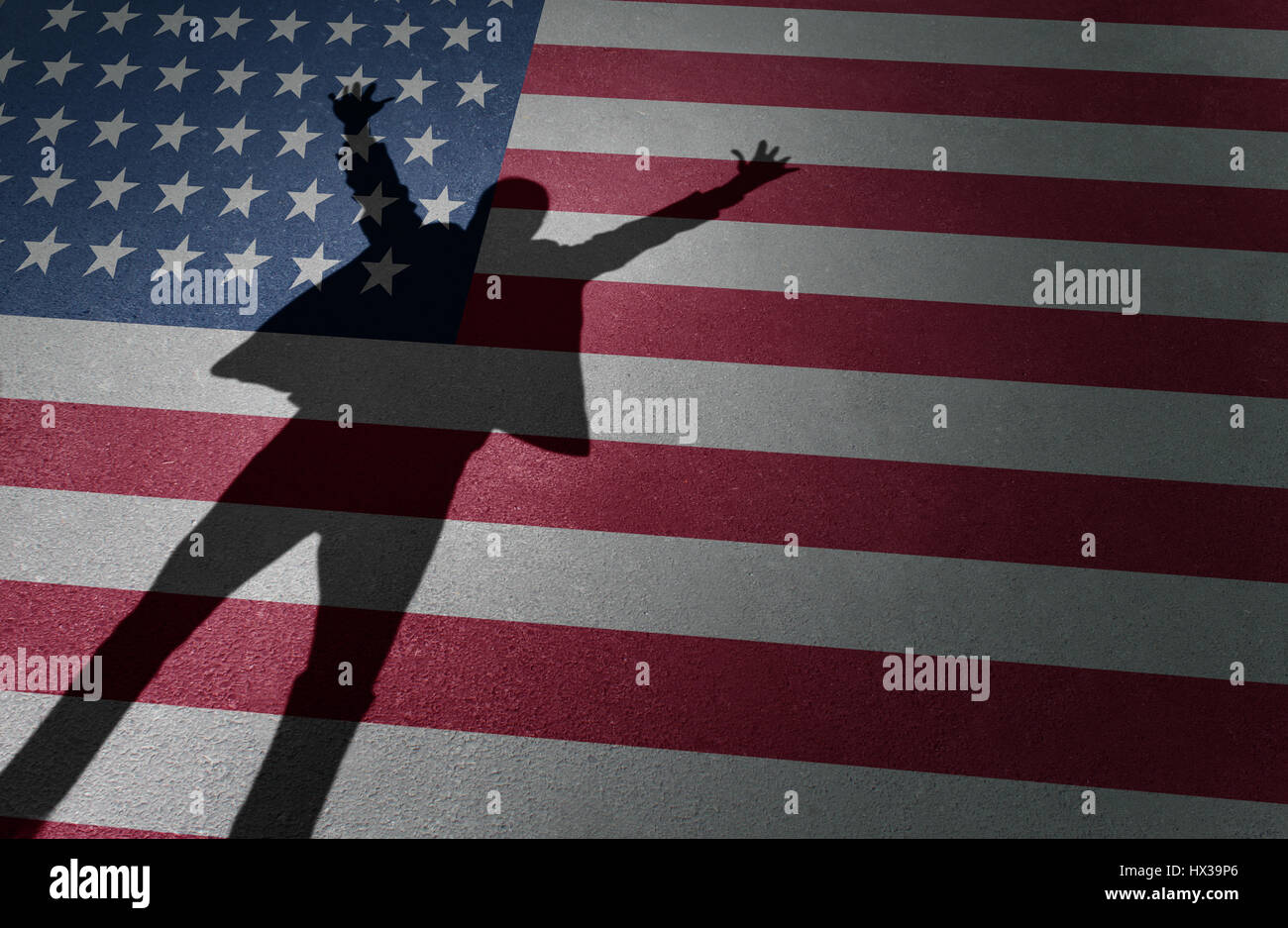 American dream success and business entrepreneur excitement or immigration celebration as the shadow of a happy person on a USA flag. Stock Photo