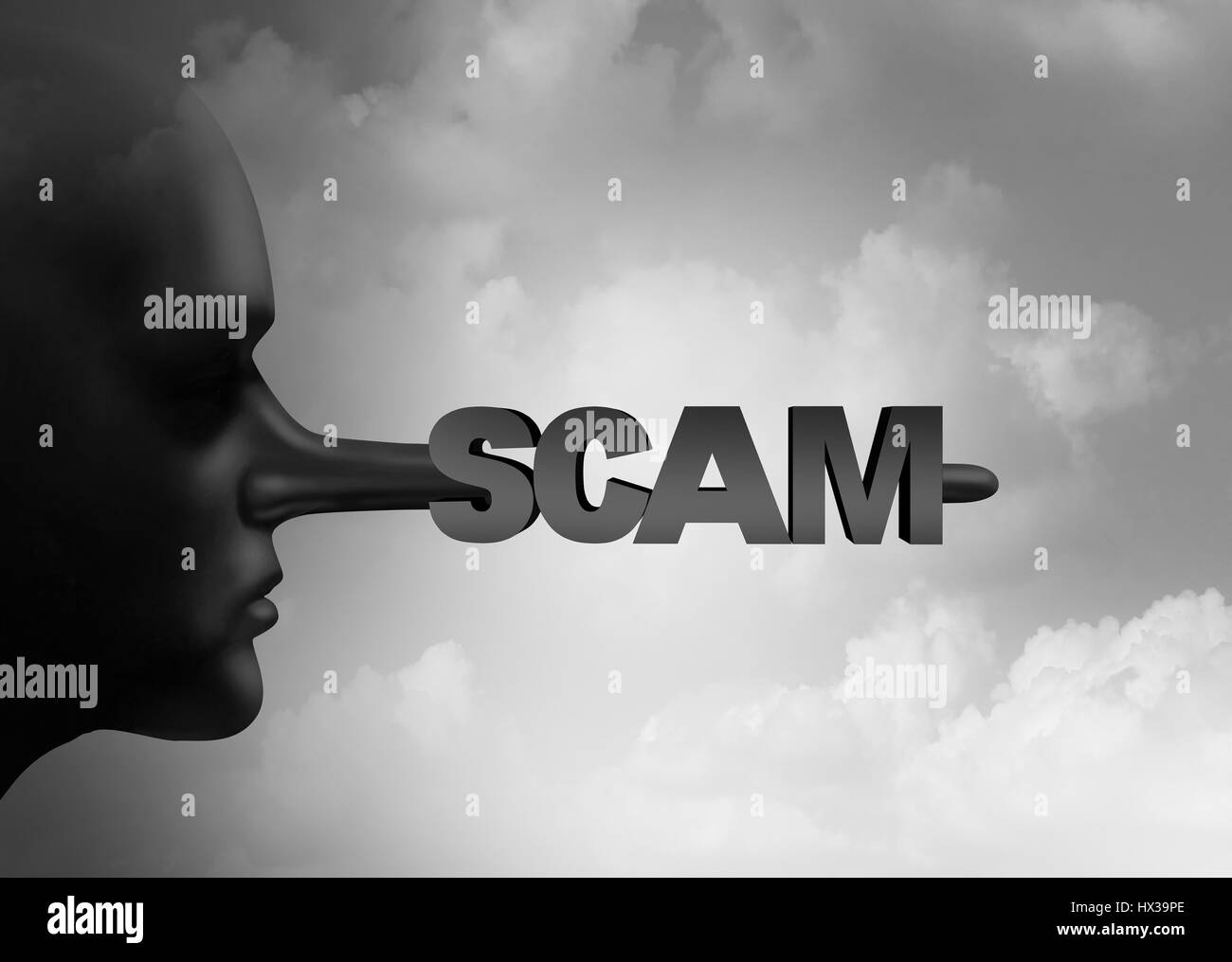 Scam concept as a scamming person with a liar pinocchio long nose with text as a symbol for criminal dishonesty with 3D illustration elements. Stock Photo