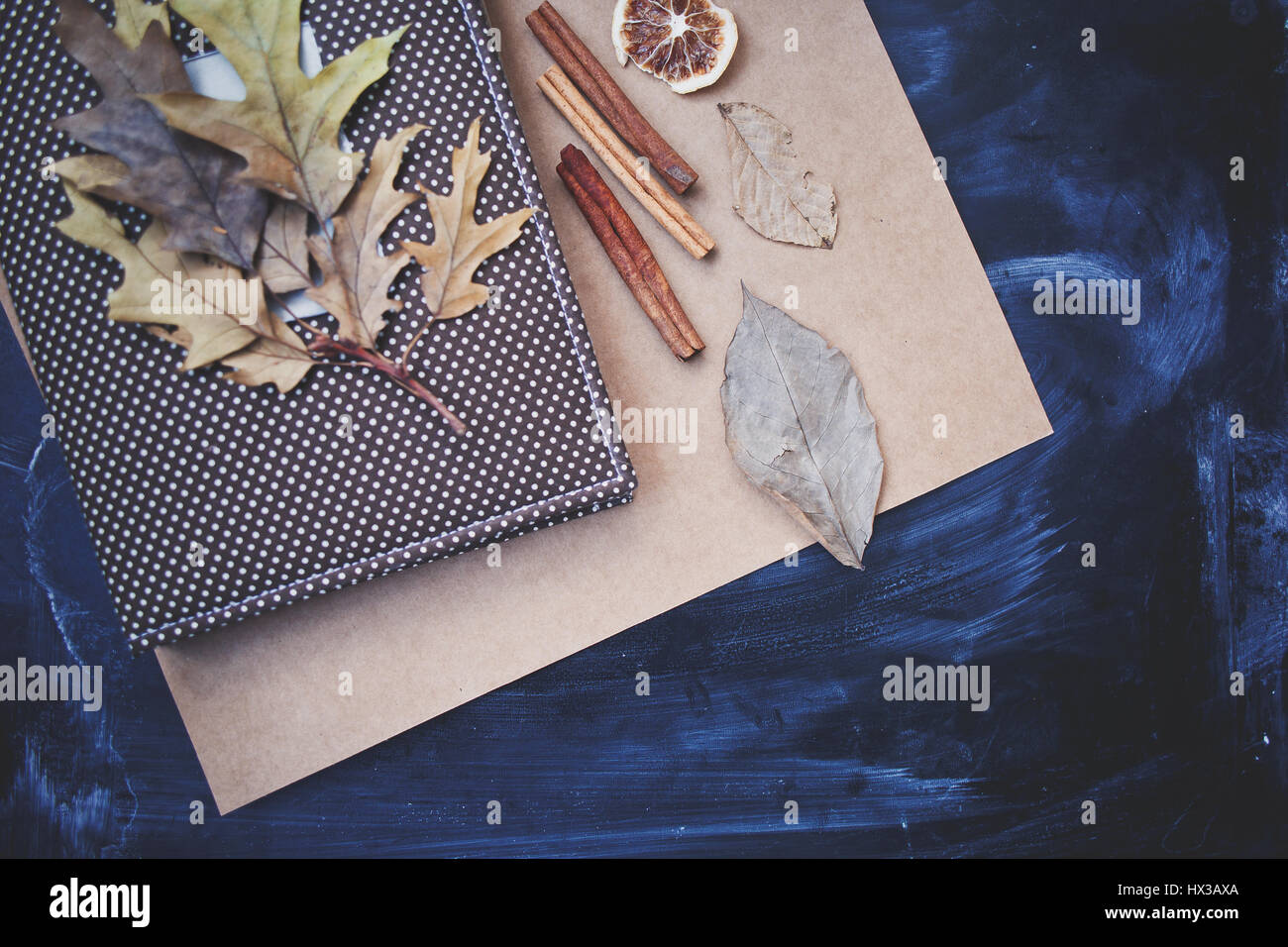Notepad with leaves, lemon and cinnamon on black background Stock Photo ...