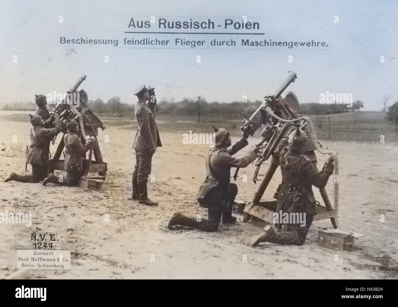 German army shooting down enemy aircraft with machine guns, 1915. From the New York Public Library. Note: Image has been digitally colorized using a modern process. Colors may not be period-accurate. Stock Photo