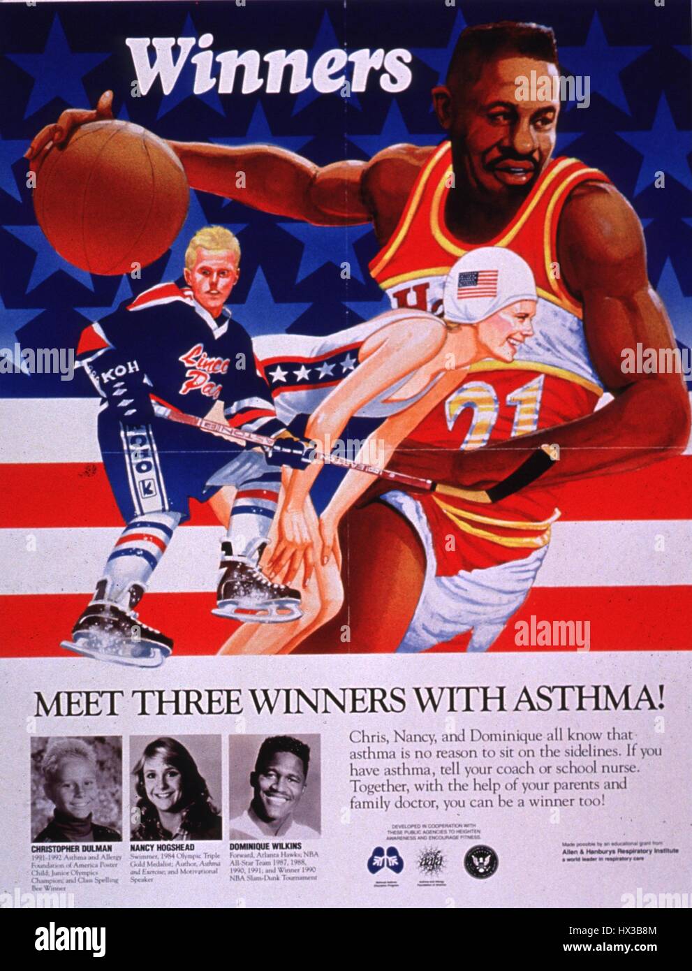 Poster issued by the National Asthma Education Program, depicting three athletes with asthma (ice hockey player Christopher Dulman, basketball player Dominique Wilkins, and swimmer Nancy Hogshead) in front of an American flag, encouraging those with asthma to tell their health care providers and ask for help, 1991. Courtesy National Library of Medicine. Stock Photo