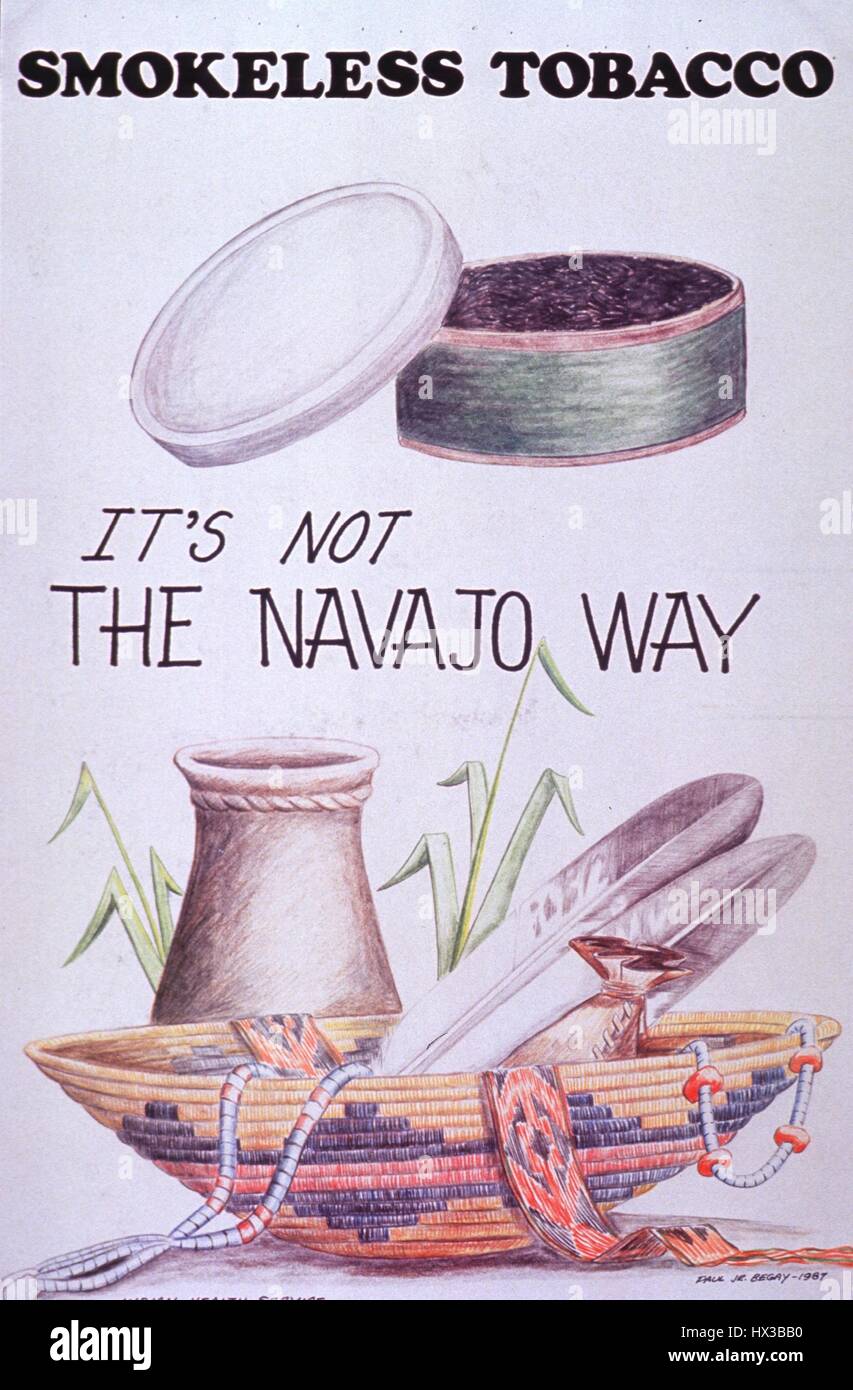 Poster issued by the United States Indian Health Service depicting smokeless tobacco, a pot, two feathers, two sets of beads, a woven basket, and a sash, intended to discourage Navajos from using smokeless tobacco, 1987. Courtesy National Library of Medicine. Stock Photo