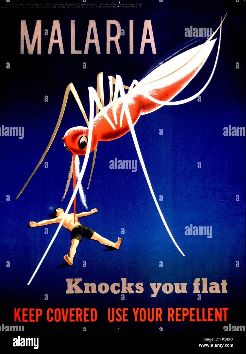 Poster depicting a giant mosquito standing over a man's body, advocating for people to protect themselves from malaria, 1920. Courtesy National Library of Medicine. Stock Photo