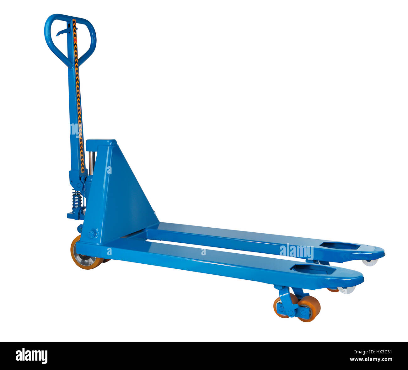 Blue manual pallet truck, industrial, warehouse equipment, isolated on a white background, saved path selection. Stock Photo