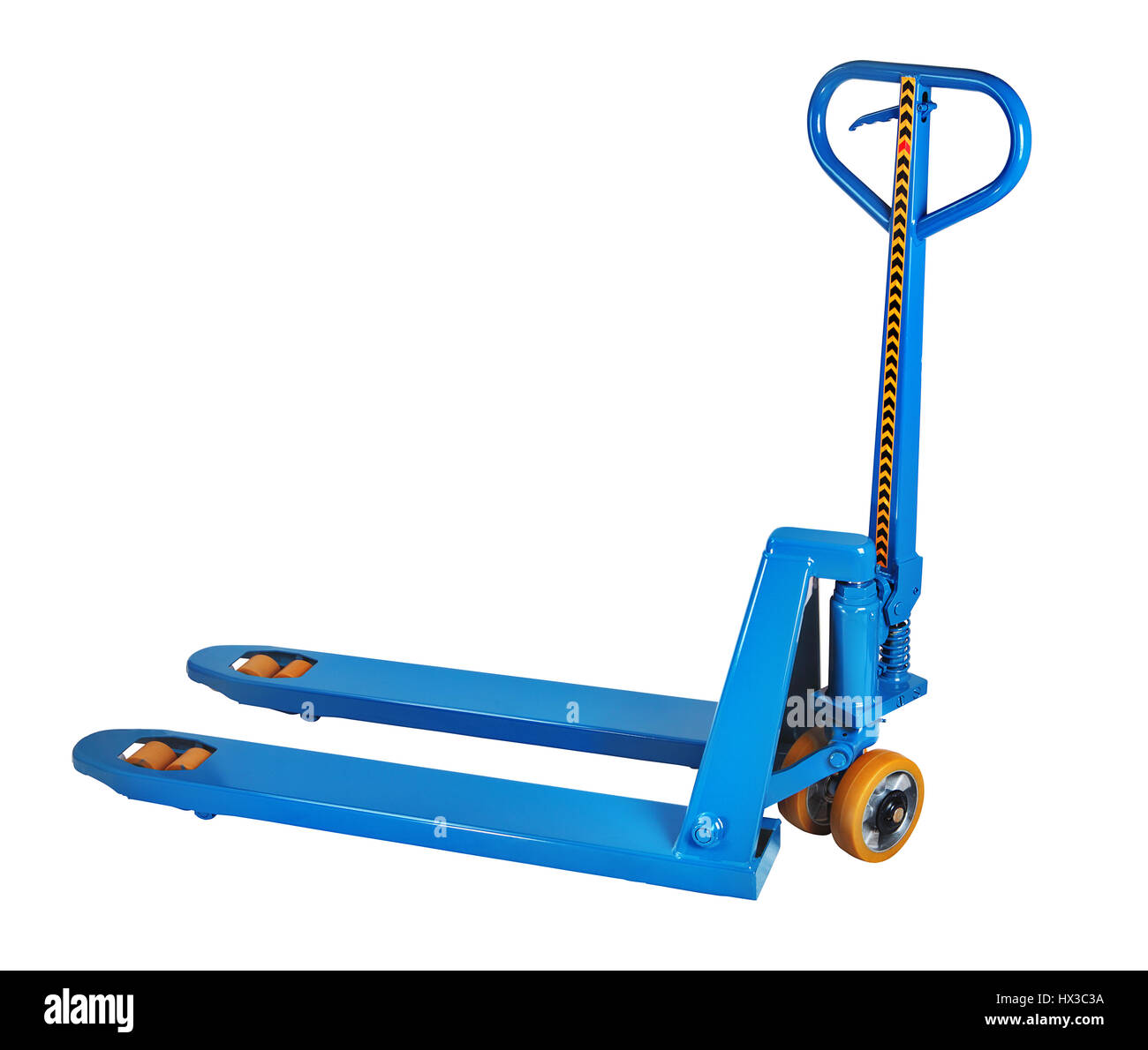 Blue manual hydraulic pallet truck fork, pump jack isolated on white background, saved path selection. Stock Photo