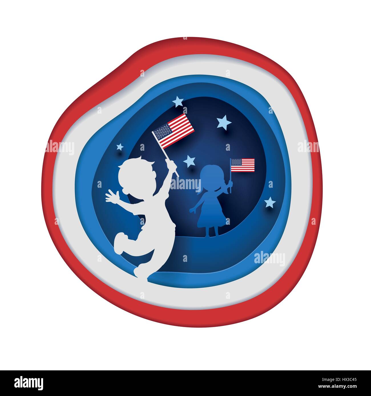 Little American children holding United States of America flag. Paper cutting art style vector illustration. Stock Vector