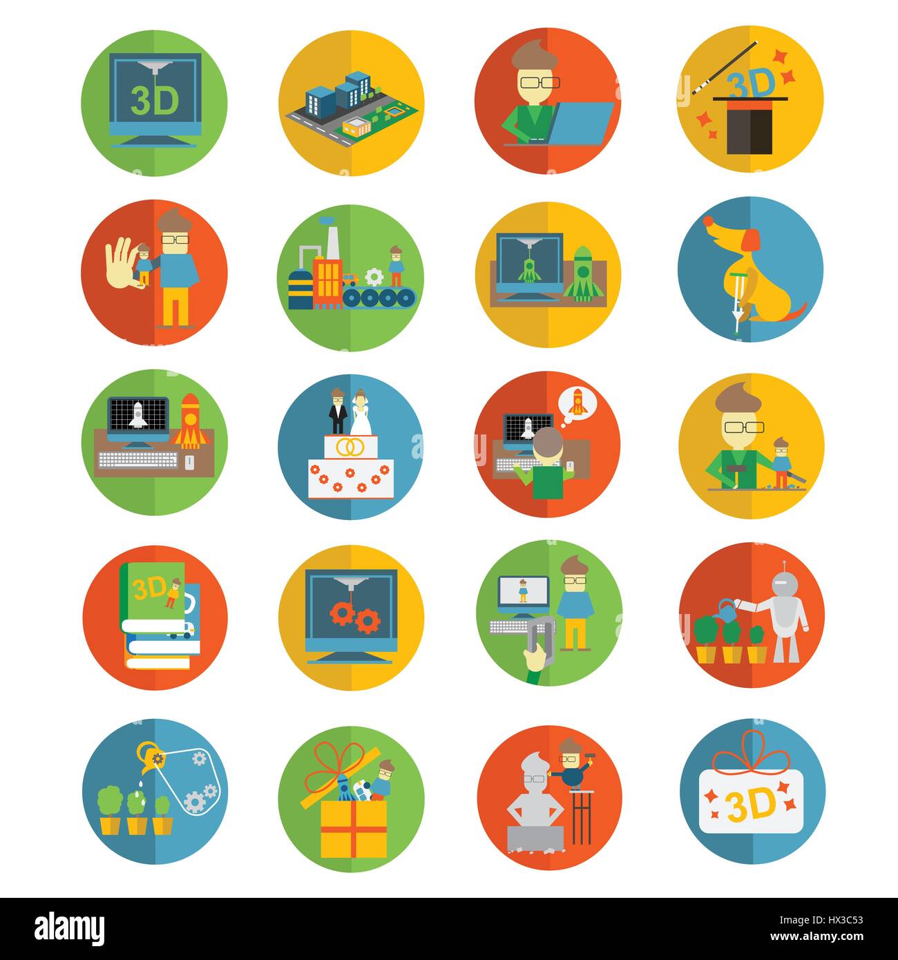 Printer 3d flat icons set for Sculpturing, creation of figurines and souvenirs Stock Vector