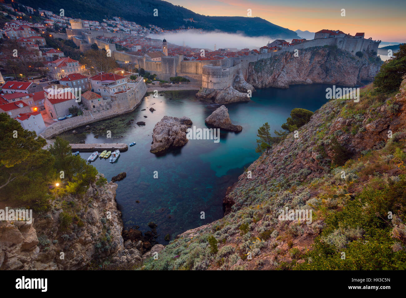 Dubrovnik, Croatia. Beautiful romantic old town of Dubrovnik during sunrise. Stock Photo