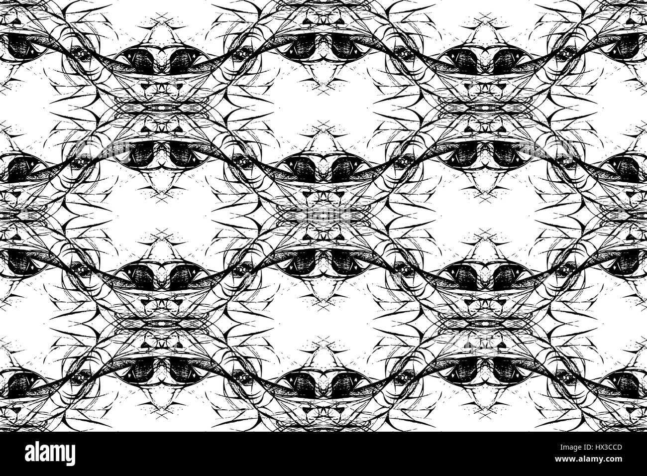 Seamless grungy kaleidoscope pattern. Hand drawn curly shapes, diagonal layout, black outlines on white background. Conceptual texture. Textile print. Stock Vector