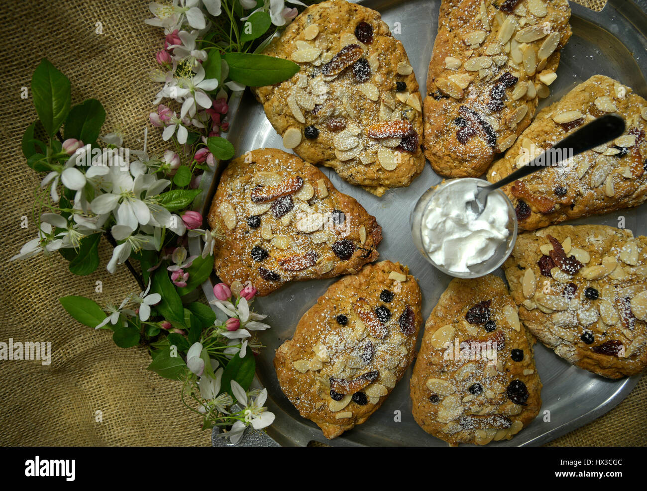 Fruit and Nut Scones on Pewter Platter and Cream Pot on Burlap