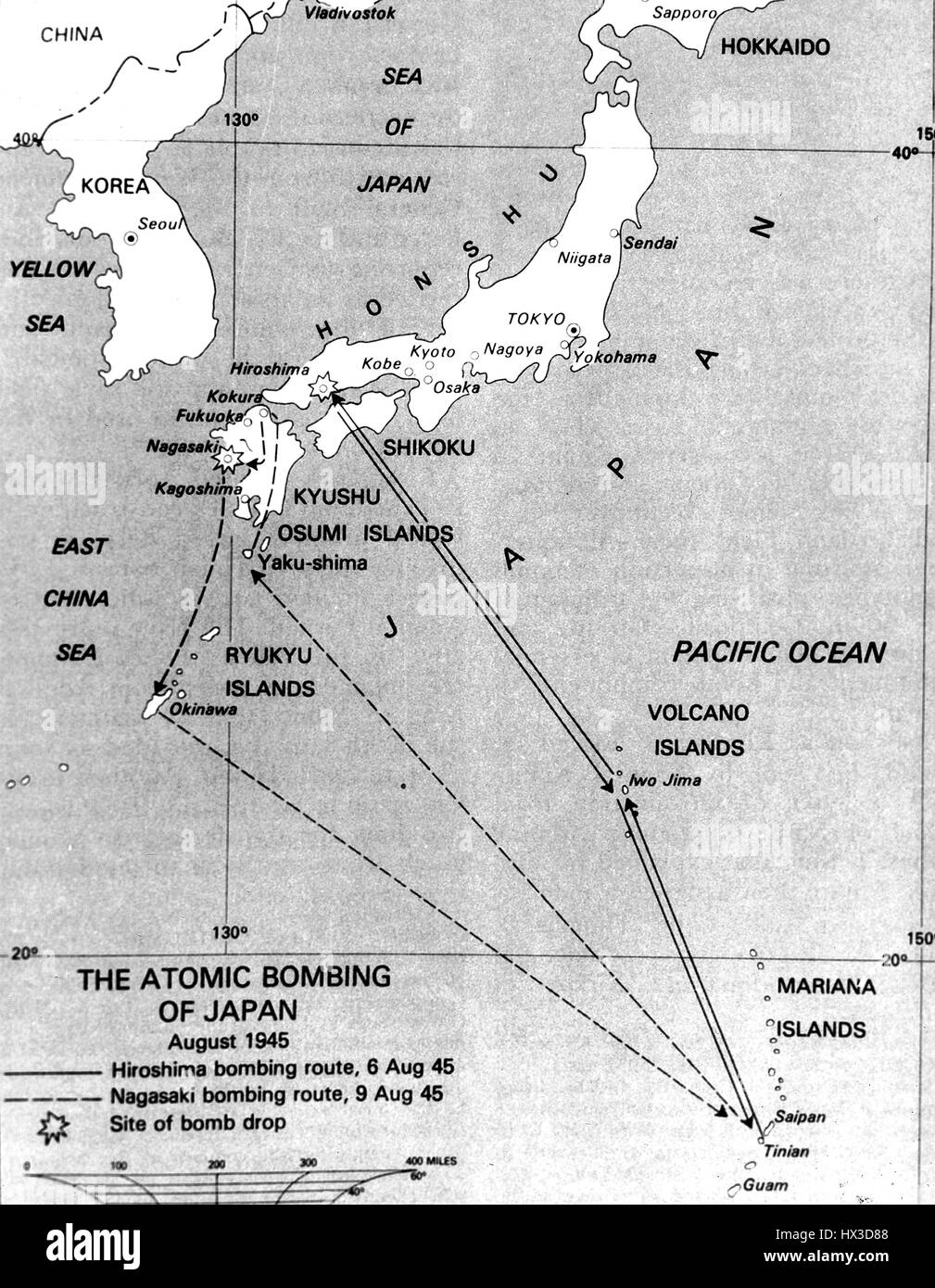 Map showing the location of the atomic bombings on Japan, 1945. Image courtesy US Department of Energy. Stock Photo