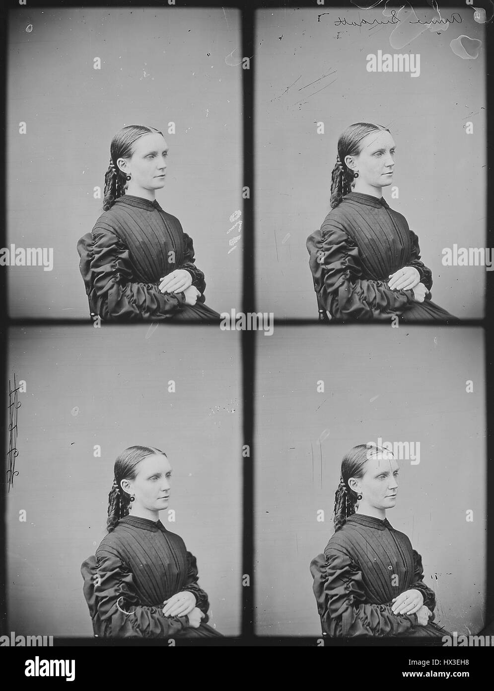 Half length portrait of Annie Surratt, a boarding house owner convicted as a conspirator in President Lincoln's assassination, seated in profile, 1863. Image courtesy National Archives. Stock Photo