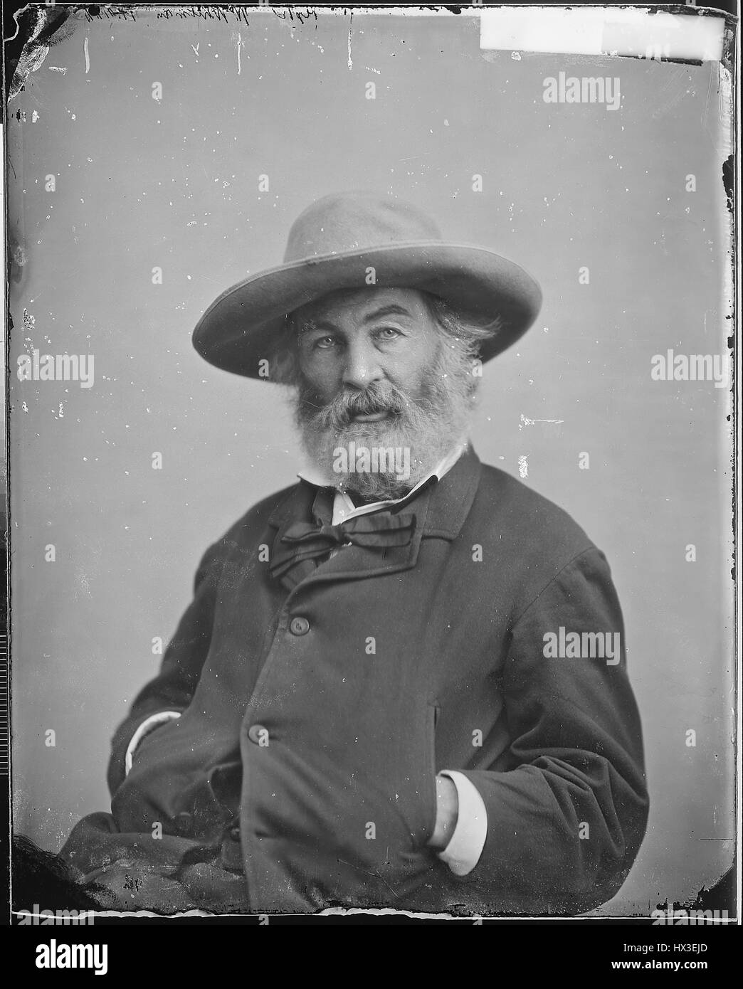 Half length seated portrait of prominent American writer Walt Whitman, 1863. Image courtesy National Archives. Stock Photo