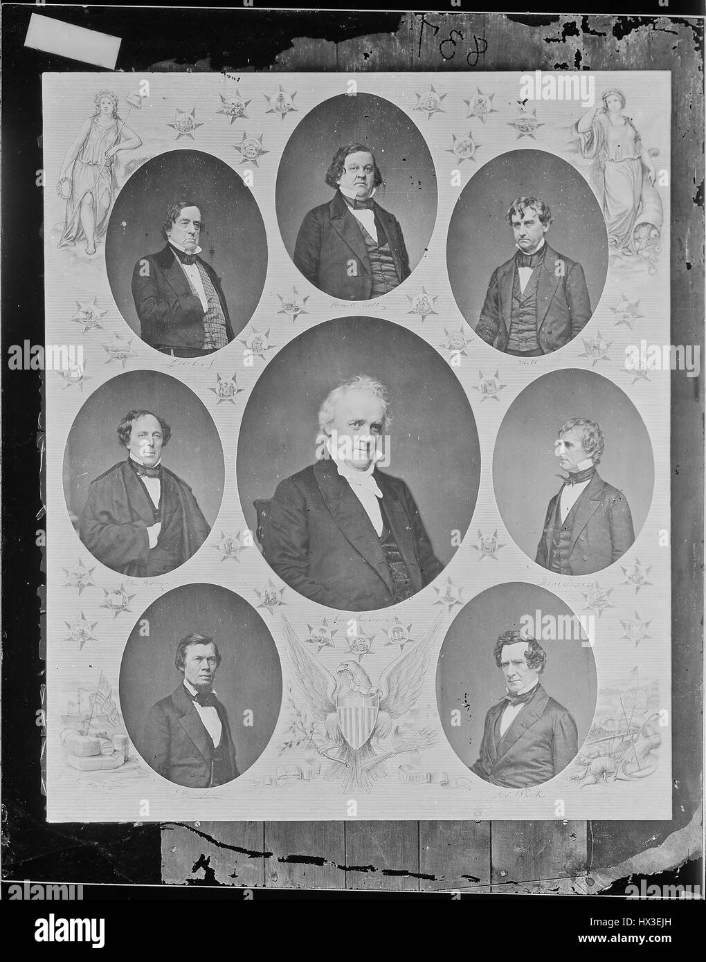 Portrait of 15th President of the United States James Buchanan (center), surrounded by portraits of the members of his cabinet (clockwise from top): Secretary of the Treasury Howell Cobb, Postmaster General Joseph Holt, Secretary of the Navy Isaac Toucey, Attorney General Jeremiah S. Black, Secretary of the Interior Jacob Thompson, Secretary of War John B. Floyd, and Secretary of State Lewis Cass, 1863. Image courtesy National Archives. Stock Photo