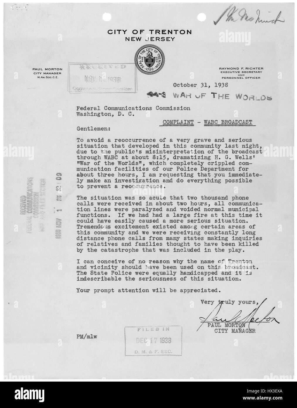 Letter from Paul Morton, the city manager of Trenton, New Jersey, regarding the War of the Worlds radio broadcast and the effect it caused in the city, October 31, 1938. Image courtesy National Archives. Stock Photo