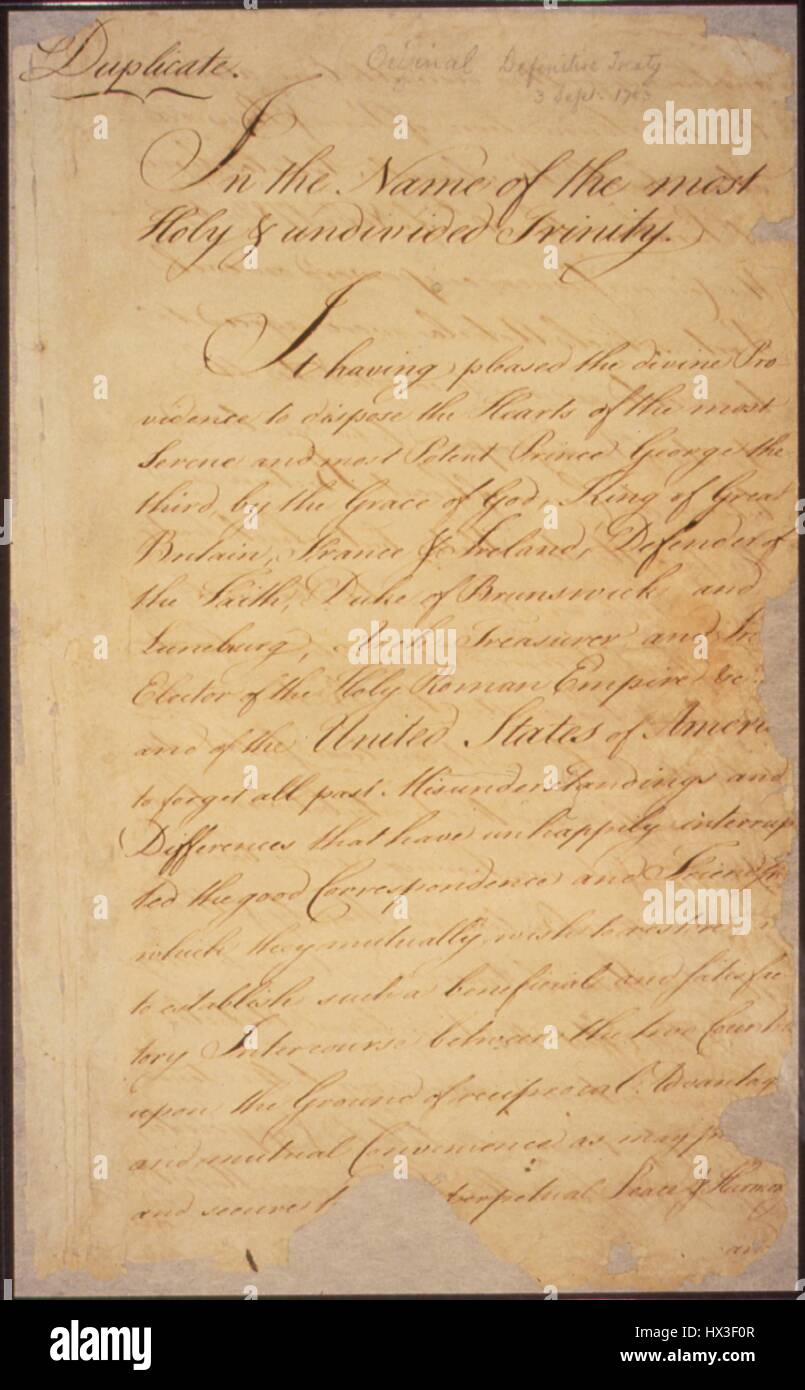 The Treaty of Paris, sent to Congress by the American negotiators John Adams, Benjamin Franklin, and John Jay, formally ended the Revolutionary War, 1783. Image courtesy National Archives. Stock Photo