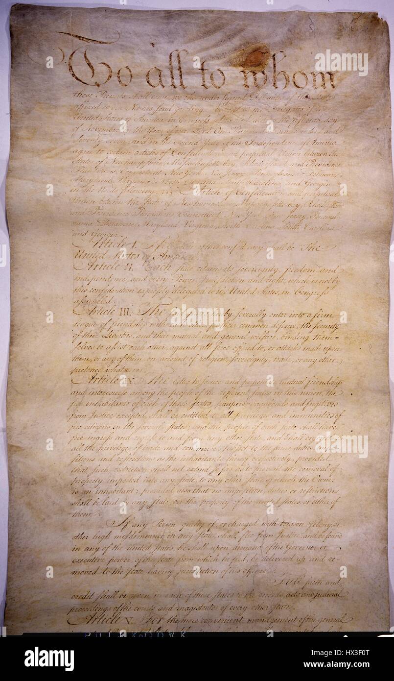 The Articles of Confederation, binding the thirteen former colonies as a league of sovereign states, 1781. Image courtesy National Archives. Stock Photo