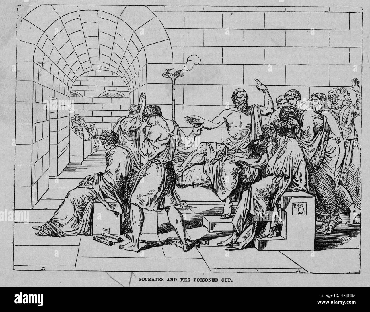 Artistic depiction of the death of Socrates, showing Socrates about to drink poison and using the moment as a lesson for his pupils, 1874. From the New York Public Library. Stock Photo