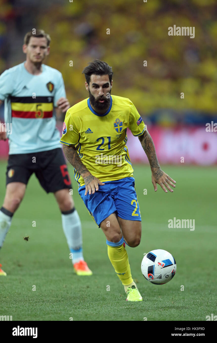 NICE, FRANCE - JUNE 22, 2016: Jimmy Durmaz of Sweden controls a ball during UEFA EURO 2016 game against Belgium at Allianz Riviera Stade de Nice, City Stock Photo