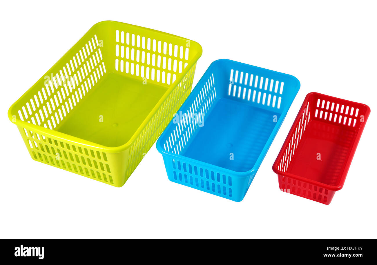 Colored plastic containers for storing household accessories, isolated