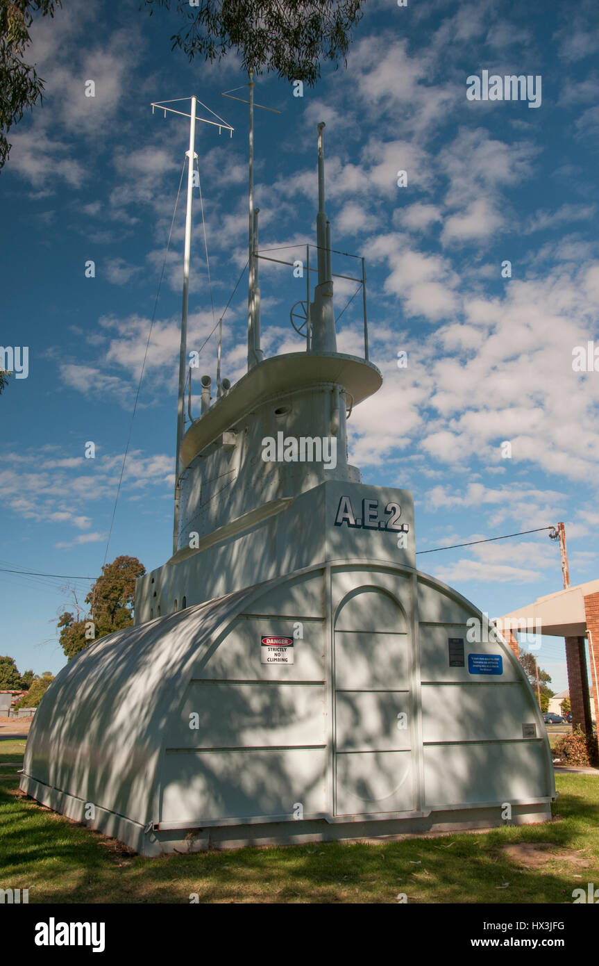 Section of Lieut. Holbrook's 1914 submarine HMAS AE2 displayed at Holbrook, New South Wales, Australia Stock Photo