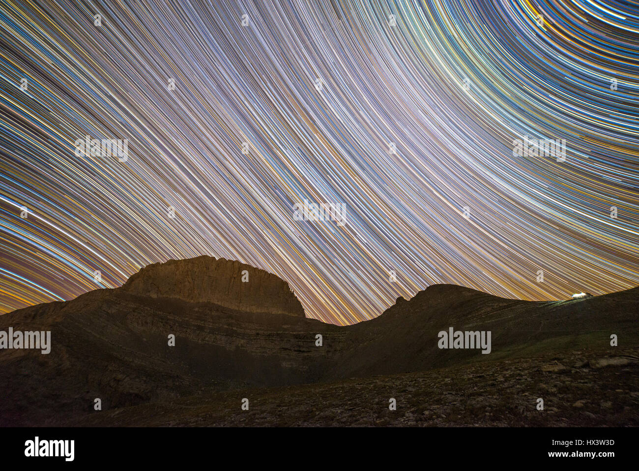 Star trails above the throne of Zeus on mount Olympus Stock Photo