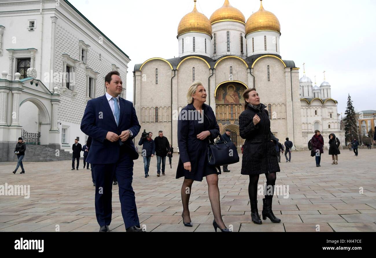 Moscow, Russia. 24th March 2017. Leader of the National Front and French Presidential candidate Marine Le Pen, center, tours the Kremlin with Putin aide Igor Shchegolev, left, prior to meeting with the Russian president March 24, 2017 in Moscow, Russia. Credit: Planetpix/Alamy Live News Stock Photo