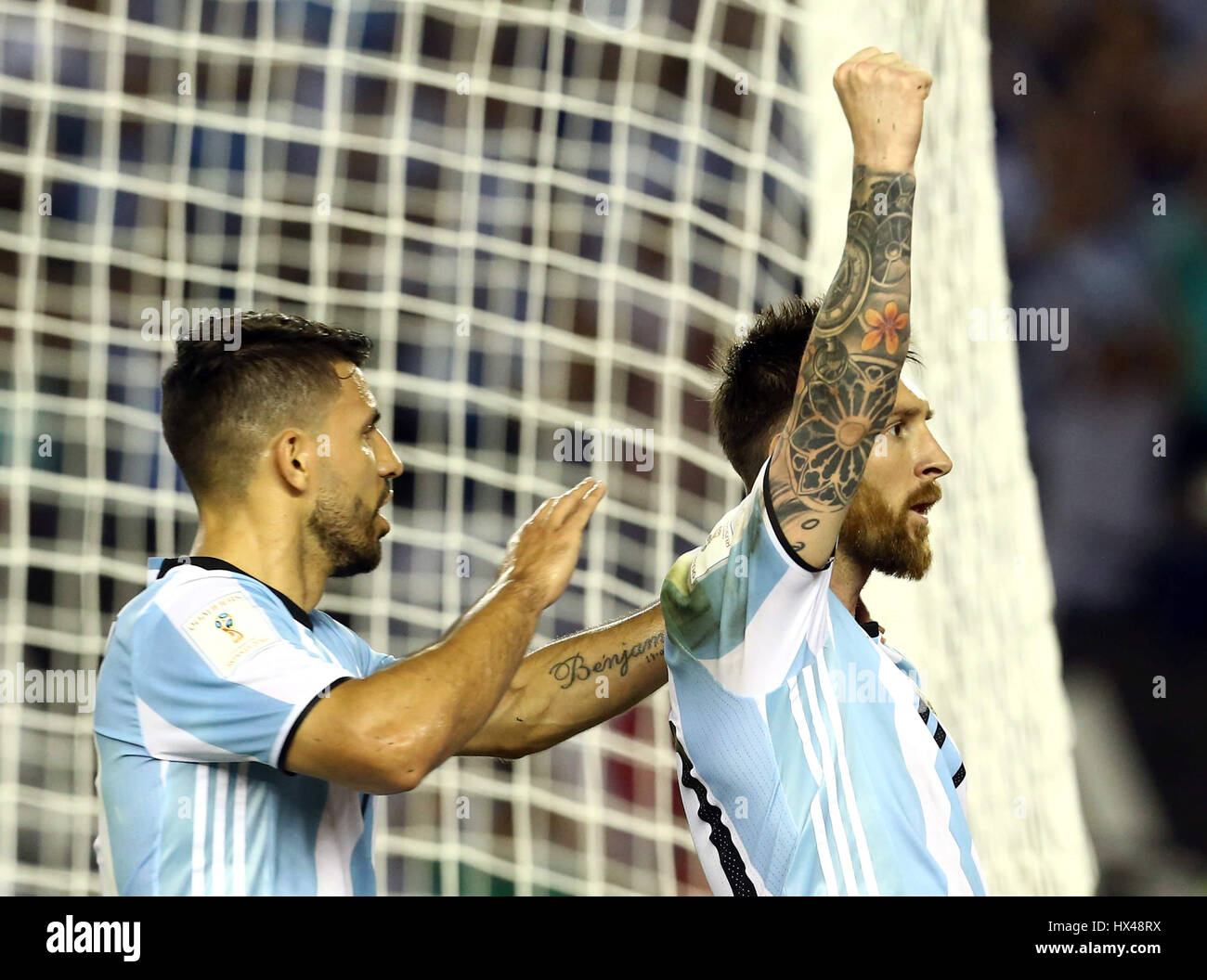 BUENOS AIRES, ARGENTINA - MARCH 23: Lionel Messi (R) celebrates with Sergio Kun Aguero (L) after scoring his team's first goal during a match between Argentina and Chile as part of FIFA 2018 World Cup Qualifiers at Monumental Stadium on March 23, 2017 in Buenos Aires, Argentina.  Photo: Cronos/Diener Stock Photo