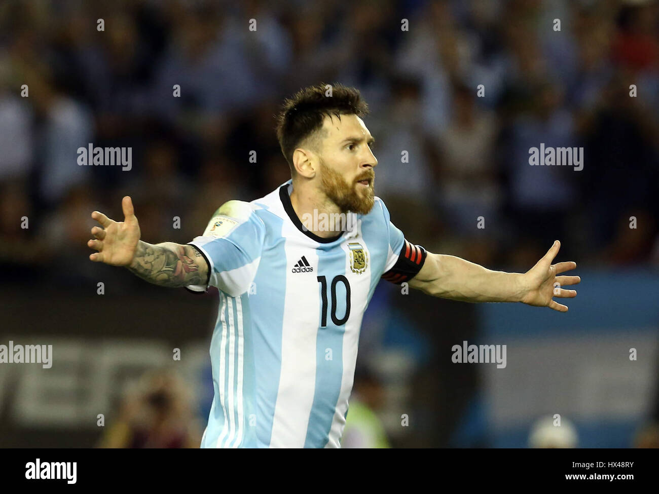 BUENOS AIRES, ARGENTINA - MARCH 23: Lionel Messi celebrates after scoring his team's first goal during a match between Argentina and Chile as part of FIFA 2018 World Cup Qualifiers at Monumental Stadium on March 23, 2017 in Buenos Aires, Argentina.  Photo: Cronos/Diener Stock Photo