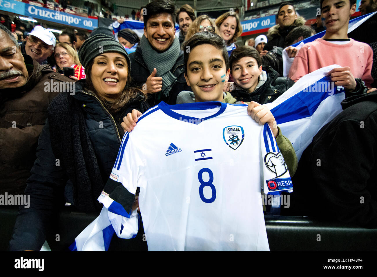 Gijon, Spain. 24th March, 2017. Israelian Supporters with t-shirt of Almog Cohen (Israel) during the football match of FIFA World Cup 2018 Qualifying Round between Spain and Israel at Molinon Stadium on March 24, 2016 in Gijon, Spain. ©David Gato/Alamy Live News Stock Photo