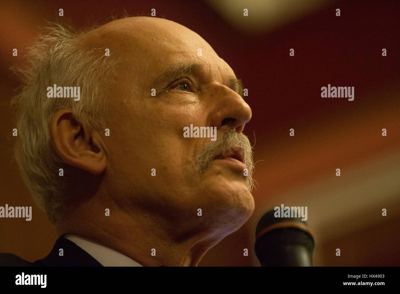 Bydgoszcz, Poland. 24th Mar, 2017. Bydgoszcz, Poland. March 25th, 2017. Janusz Korwin-Mikke, member of European Parliament and leader of the Polish right wing Eurosceptic KORWiN party is seen at a talk in hotel Pod Orlem. Mister Korwin-Mikke is currently suspended as MEP for his misogynist remarks during a debate on March 1st on gender pay equality. Credit: Jaap Arriens/Alamy Live News Stock Photo
