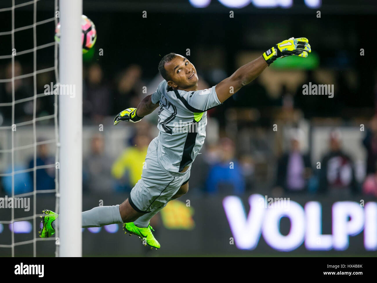 San Jose, CA. 24th Mar, 2017. Honduras National Team goal keeper Donis Escober (22) gives up a goal during the FIFA World Cup Qualifying game between the United States and Honduras at Avaya Stadium in San Jose, CA. The US defeated Honduras 6-0. Damon Tarver/Cal Sport Media/Alamy Live News Stock Photo
