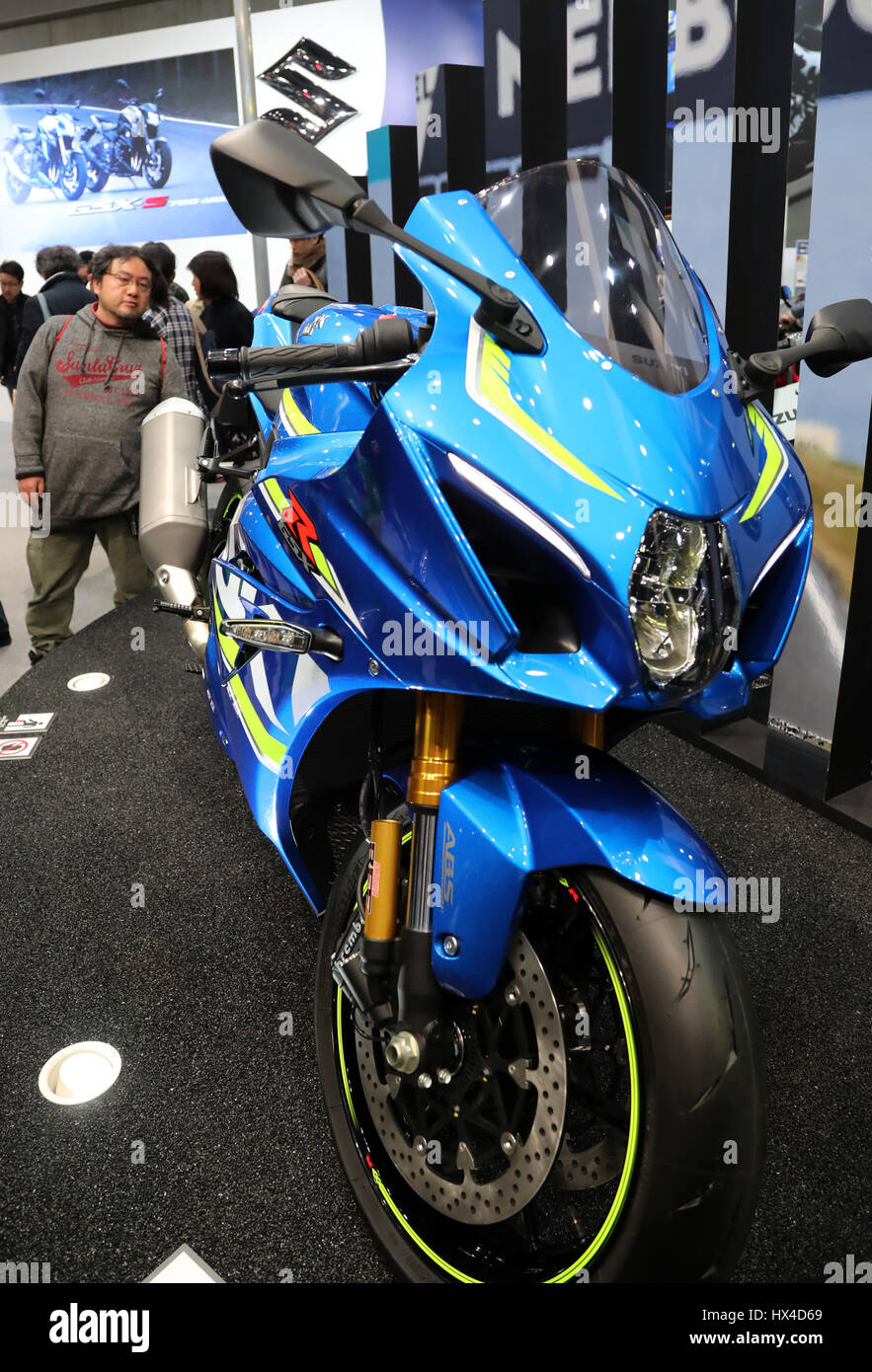 Tokyo, Japan. 25th Mar, 2017. Suzuki Motor's GSX-R1000R is displayed at the  44th Tokyo Motorcycle Show in Tokyo on Saturday, March 25, 2017. Some  130,000 motorcycle fans are expecting to visit a