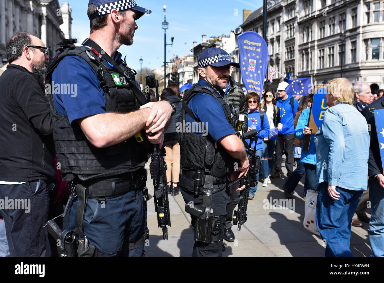 London, UK. 25th Mar, 2017. Firearms officers guard the March for Europe. Thousands marched from Park Lane to Parliament Square to oppose Brexit and support the European Union. Credit: Jacob Sacks-Jones/Alamy Live News. Stock Photo