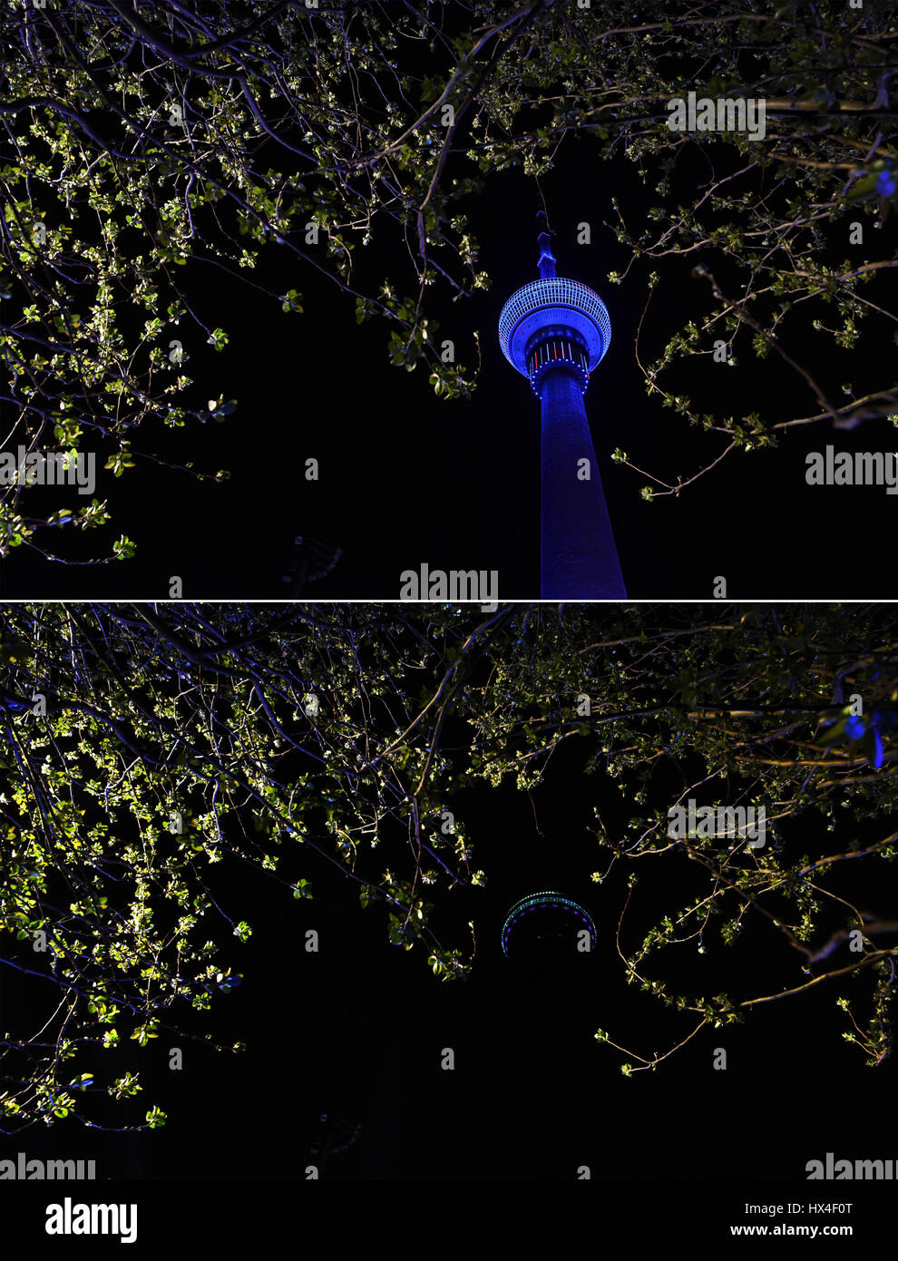 Beijing, China. 25th Mar, 2017. The combined photo shows the China Central Television Tower before (above) and after tuning off lights during the Earth Hour campaign in Beijing, capital of China, March 25, 2017. Credit: Tao Xiyi/Xinhua/Alamy Live News Stock Photo