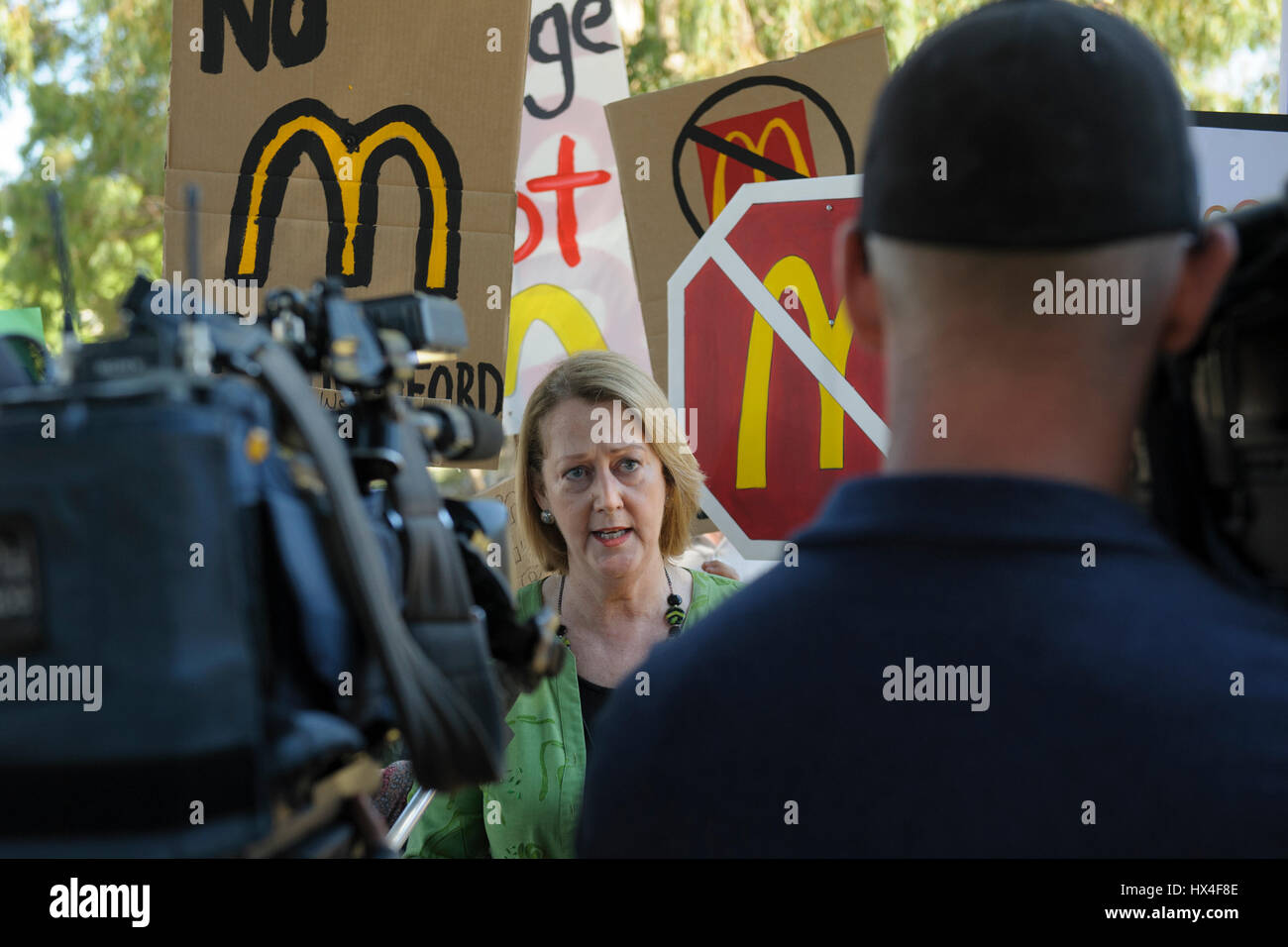 Guildford, Western Australia, Australia. 25th March, 2017. Local State politician, the Hon. Michelle Roberts MLA, speaking to the press in support of protesters at protest rally in opposition to the proposed building of a McDonalds in their local community. Credit: Sheldon Levis/Alamy Live News Stock Photo