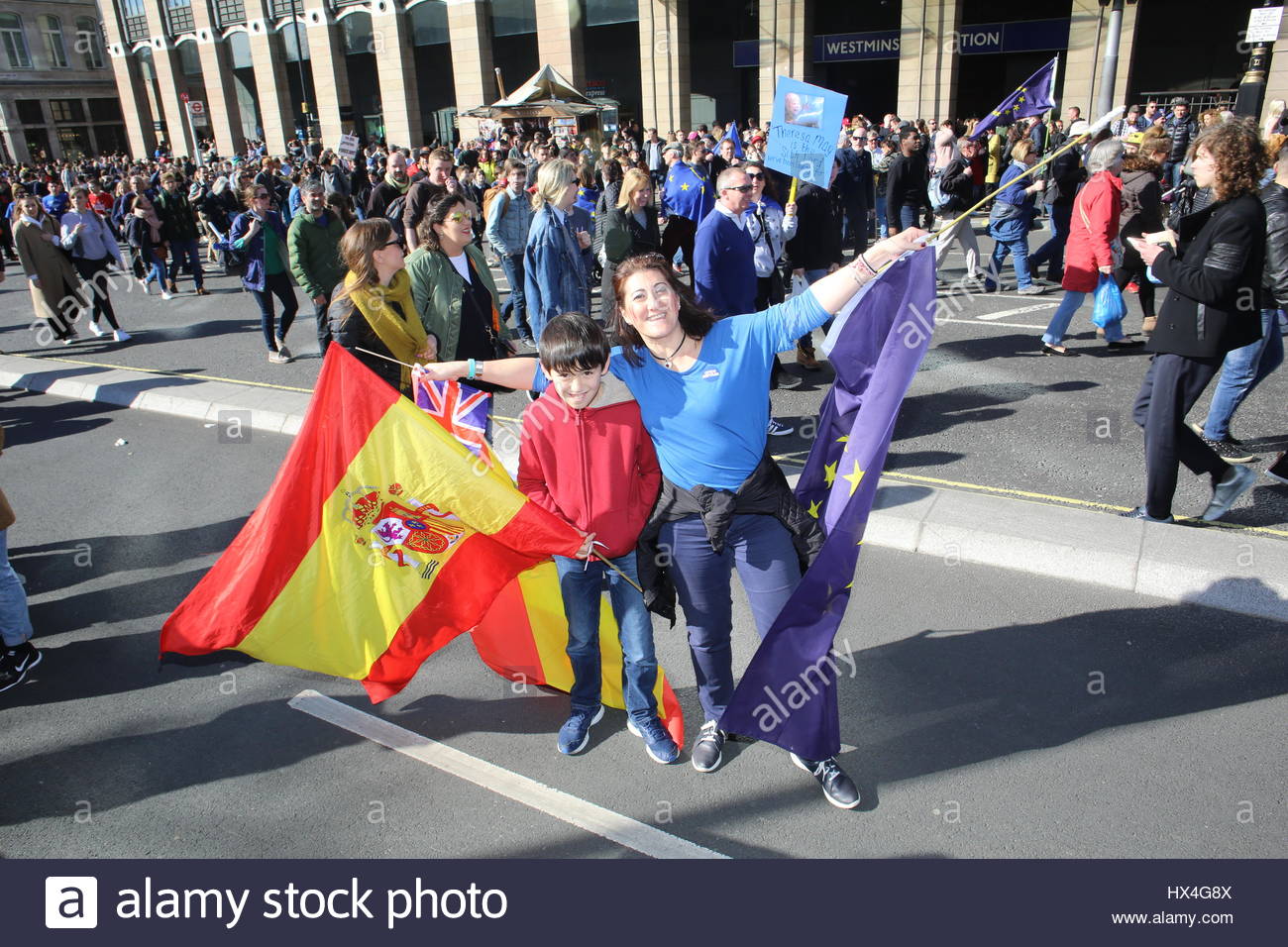 Protestors at the Unite for Europe rally in London wave Spanish and EU flags as the rally draws to a close Stock Photo