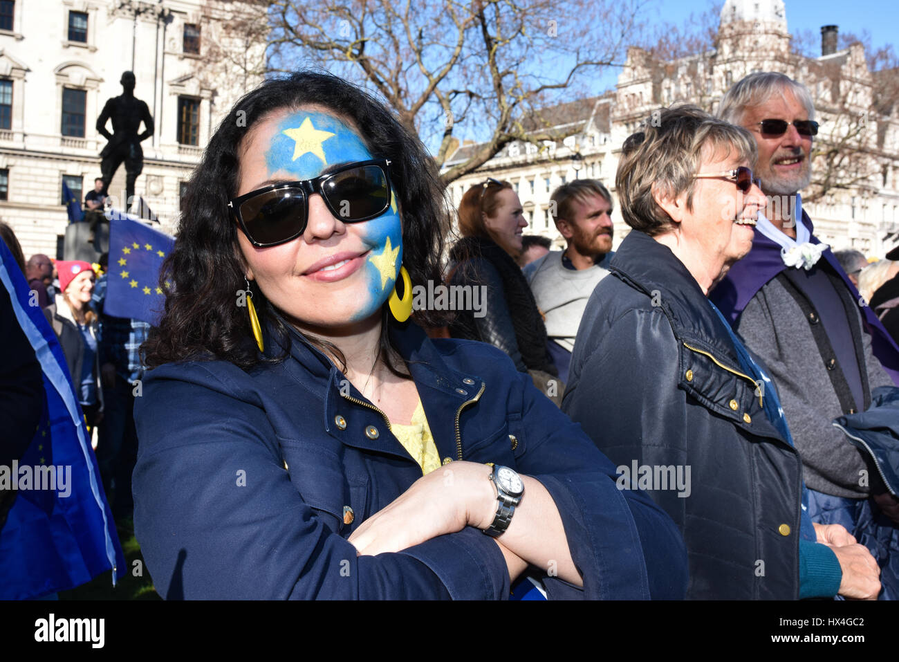London, UK. 25th Mar, 2017. A pro-EU protester at the March for Europe rally in Parliament Square. Thousands marched from Park Lane to Parliament Square to oppose Brexit and support the European Union. Credit: Jacob Sacks-Jones/Alamy Live News. Stock Photo