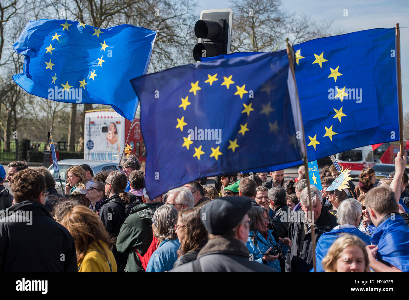 London, UK. 25th March, 2017. Unite for Europe march attended by thousands on the weekend before Theresa May triggers article 50. The march went from Park Lane via Whitehall and concluded with speeches in Parliament Square. London 25 Mar 2017 Credit: Guy Bell/Alamy Live News Stock Photo